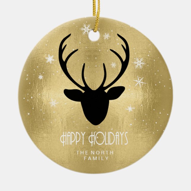 Deer Antlers Silhouette & Snowflakes Gold ID861 Keramik Ornament (Vorne)