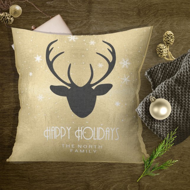 Deer Antlers Silhouette & Snowflakes Gold ID861 Kissen (Von Creator hochgeladen)
