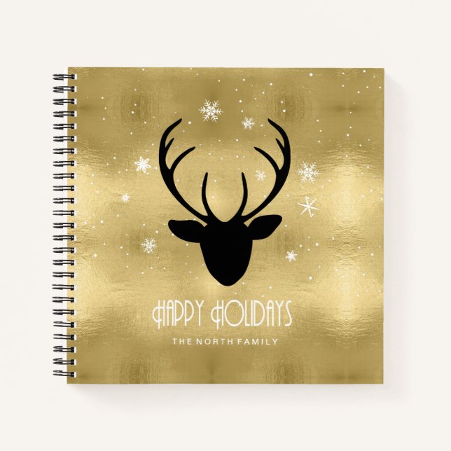 Deer Antlers Silhouette & Snowflakes Gold ID861 Notizbuch (Vorderseite)