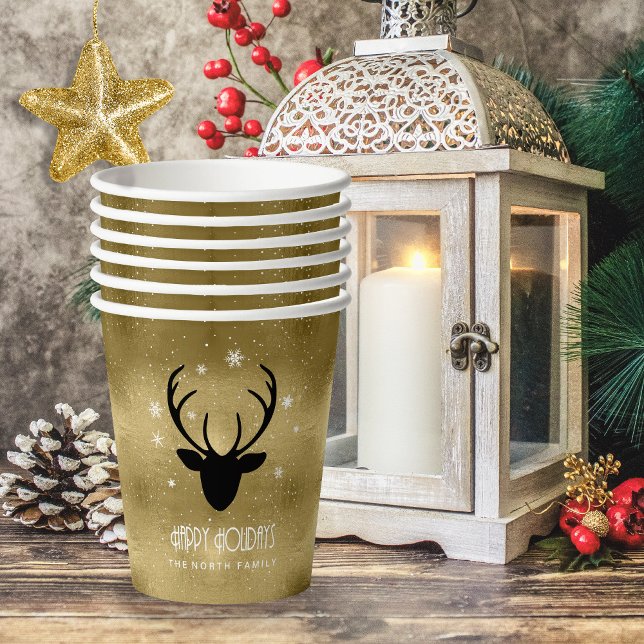 Deer Antlers Silhouette & Snowflakes Gold ID861 Pappbecher (Von Creator hochgeladen)