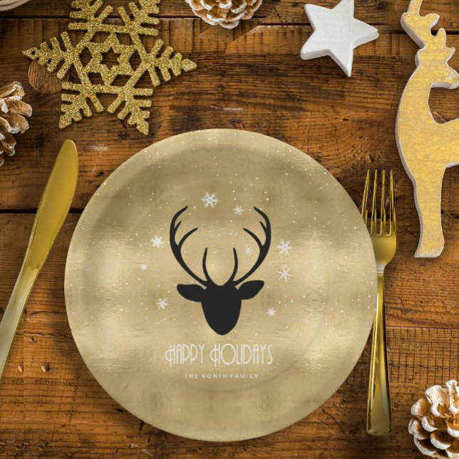 Deer Antlers Silhouette & Snowflakes Gold ID861 Pappteller (Von Creator hochgeladen)