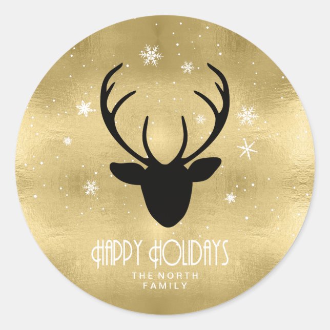 Deer Antlers Silhouette & Snowflakes Gold ID861 Runder Aufkleber (Vorderseite)