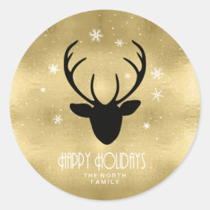 Deer Antlers Silhouette & Snowflakes Gold ID861 Runder Aufkleber