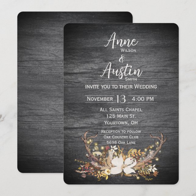 Deer Antlers Wedding Bouquet Einladung (Vorne/Hinten)
