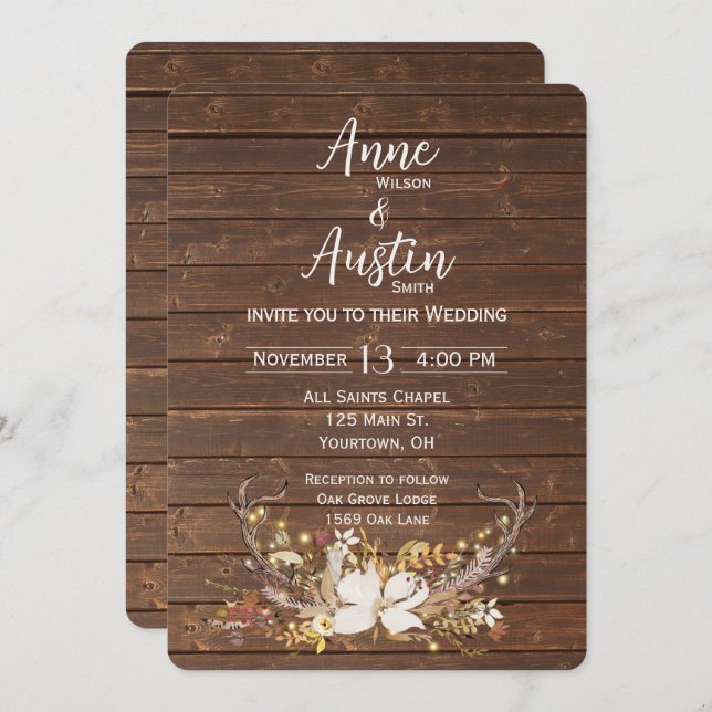 Deer Antlers Wedding Bouquet Einladung (Vorne/Hinten)