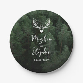 Deer Antlers Woodland Pine Tree Forest Wedding Pappteller