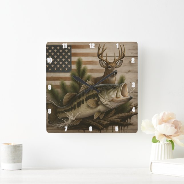 Deer Bass American Flag Quadratische Wanduhr (Zuhause)