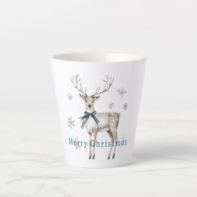 Deer Blue Bow Snowflakes Christmas Milchtasse (Vorderseite)