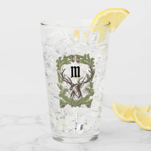 Deer Buck Pine Garland Monogram Man Cave Lodge Glas (Rückseite Ice)
