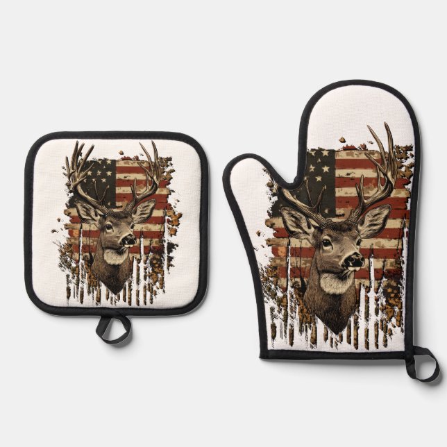 Deer, Buck Season USA Flag Ofenhandschuh & Topflappen-Set (Vorderseite)