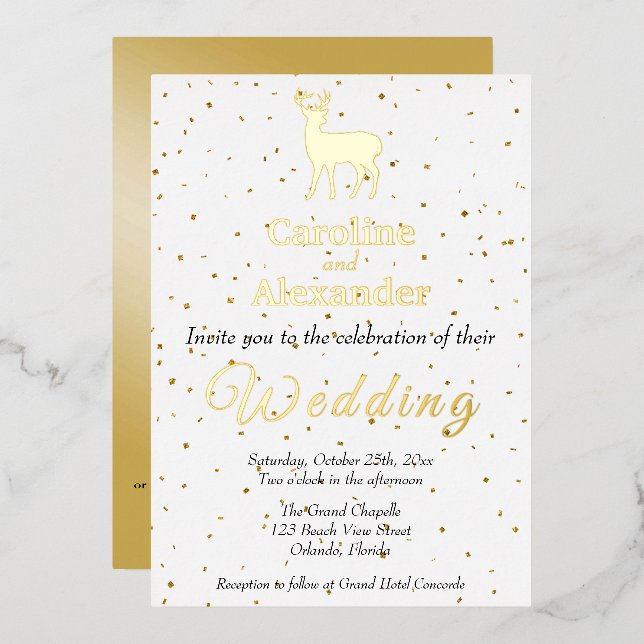 Deer Buck Silhouette & Glittery Gold Confetti Folieneinladung (Vorderseite/Rückseite)