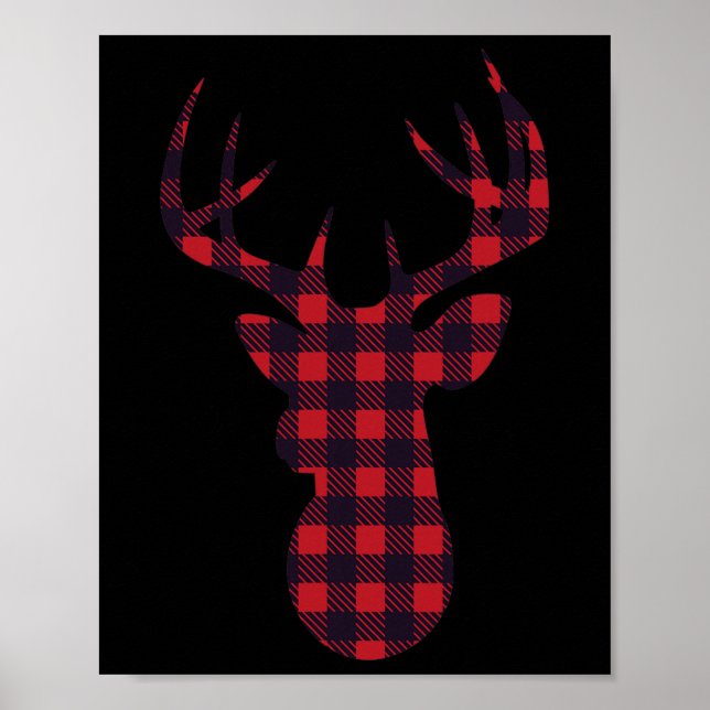 Deer Buck Silhouette Red Kariert Matching Weihnach Poster (Vorne)