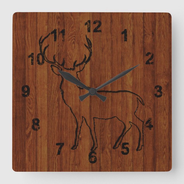 Deer Carved in Wood Effect Rustic Quadratische Wanduhr (Vorderseite)