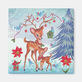 Deer Christmas Birds | Holiday Greeting card Magnet