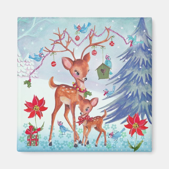 Deer Christmas Birds | Holiday Greeting card Magnet (Vorne)