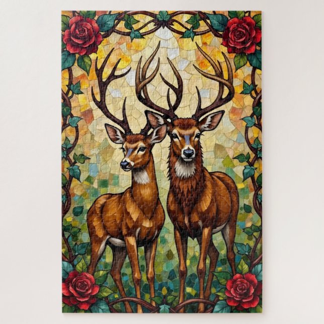 Deer Couple Art Nouveau Stained Glass Arch Puzzle (Vertikal)