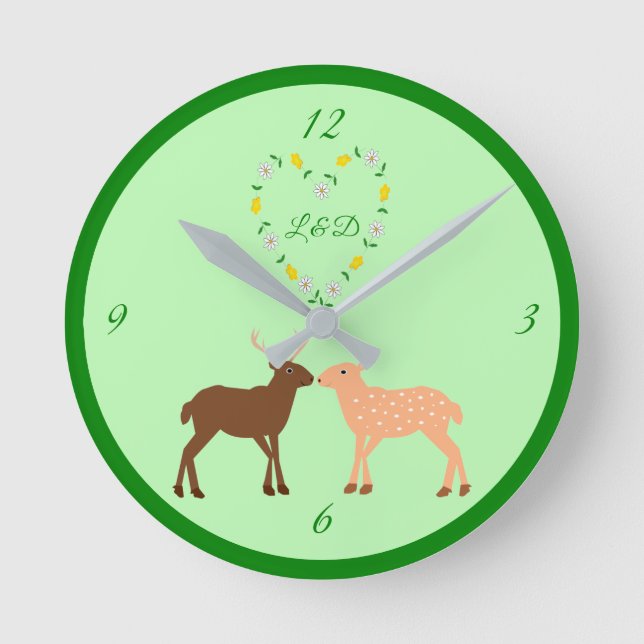 Deer Couple und Daisy Heart Custom Runde Wanduhr (Vorderseite)