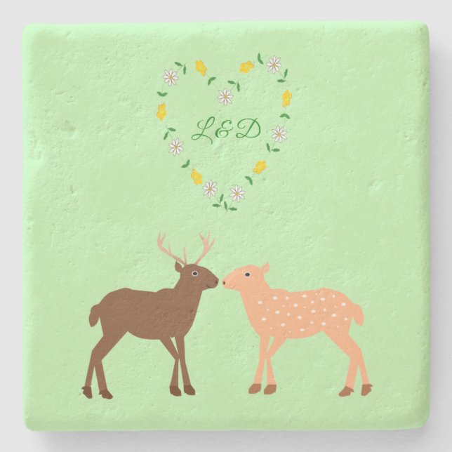 Deer Couple und Daisy Heart Custom Steinuntersetzer (Vorderseite)
