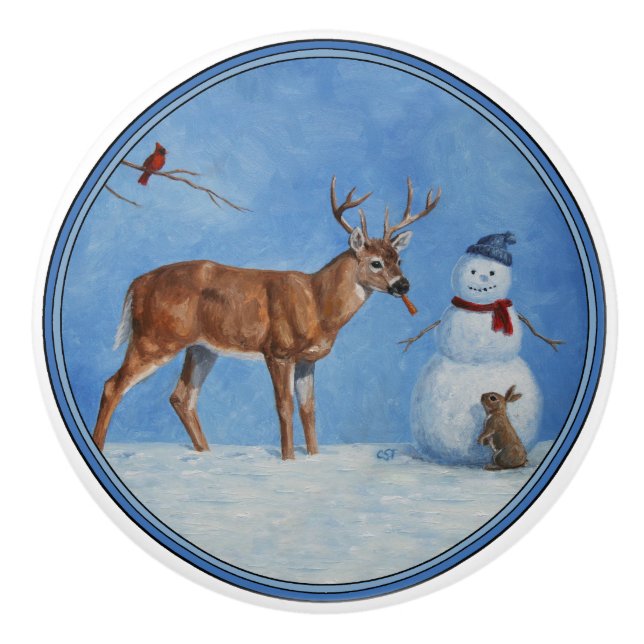 Deer & Funny Snowman Weihnachten Keramikknauf (Vorderseite)