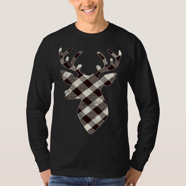 Deer Head  Retro White Buffalo Plaid Christmas T-Shirt (Vorderseite)