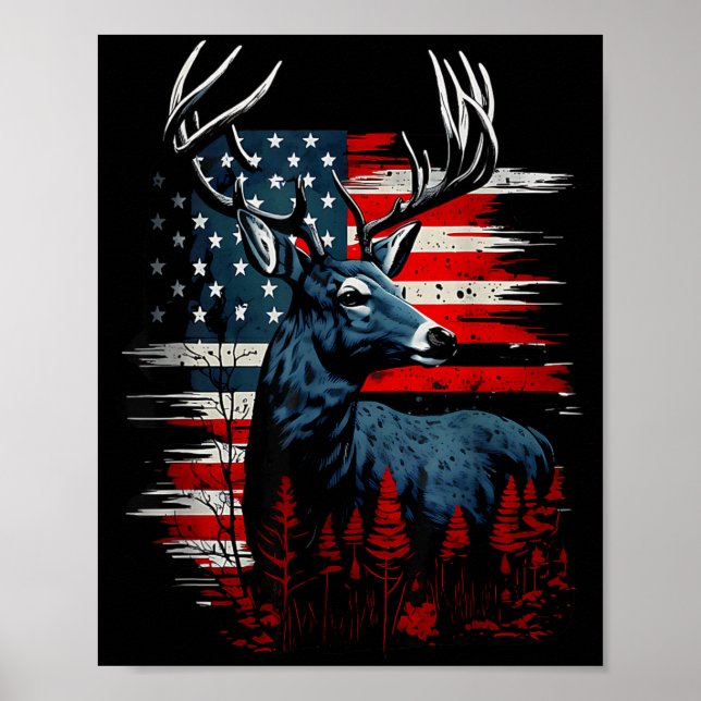 Deer Hunting American Flag Whitetail Buck Antlers  Poster (Vorne)