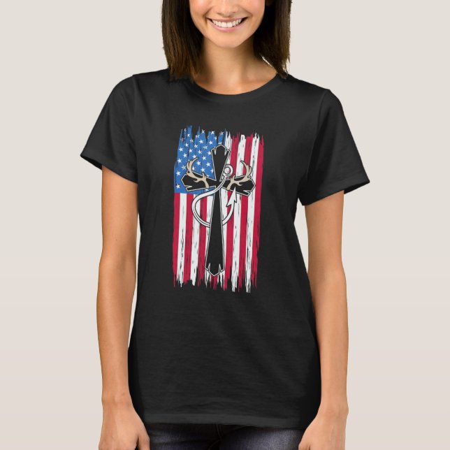 Deer Hunting Hunter  Us Flag Deer Hunting & Fishin T-Shirt (Vorderseite)