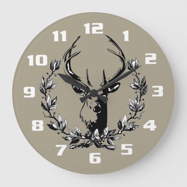 Deer in Laurel Leaves Große Wanduhr (Vorderseite)