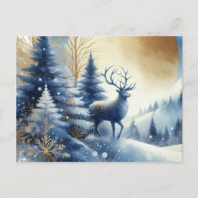 Deer in winter forest blue & gold design postcard postkarte (Vorderseite)