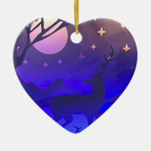 Deer in winter wood night time scene keramik ornament