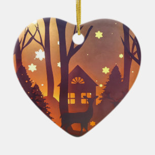 Deer in winter wood night time scene keramik ornament