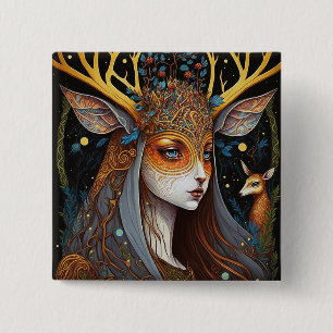 Deer Lady Fantasy Art Button