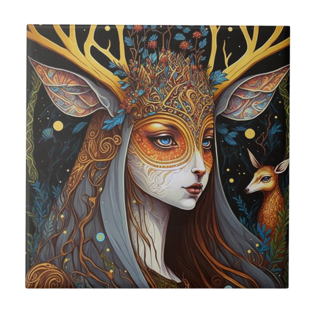 Deer Lady Fantasy Art Fliese (Vorderseite)