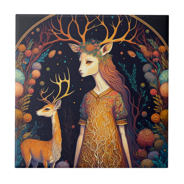 Deer Lady Fantasy Art Keramik Tile Fliese (Vorderseite)