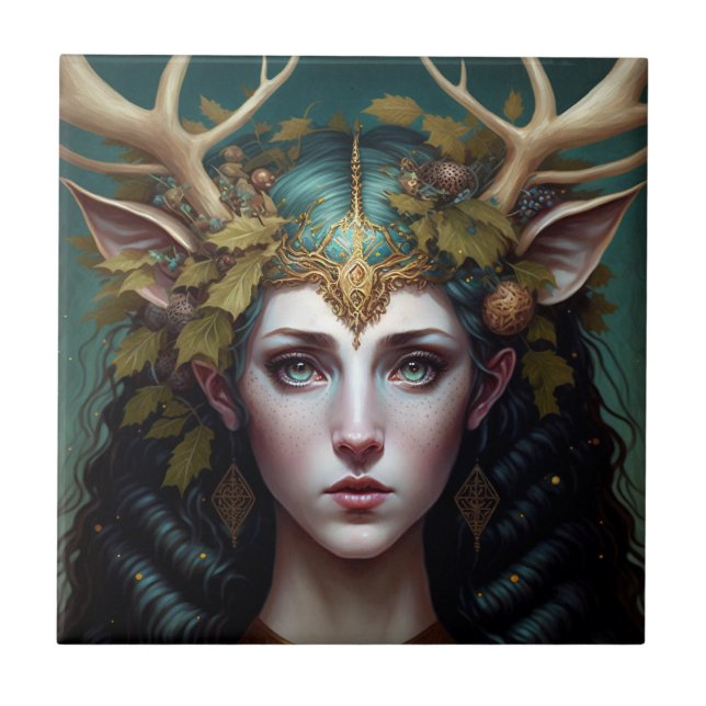 Deer Lady Fantasy Art Keramik Tile Fliese (Vorderseite)