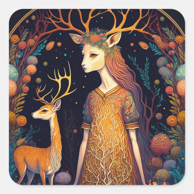 Deer Lady Fantasy Art Square Sticker (Vorderseite)