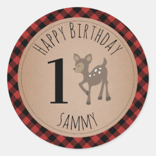 Deer Lumberjack Plaid Birthday Runder Aufkleber