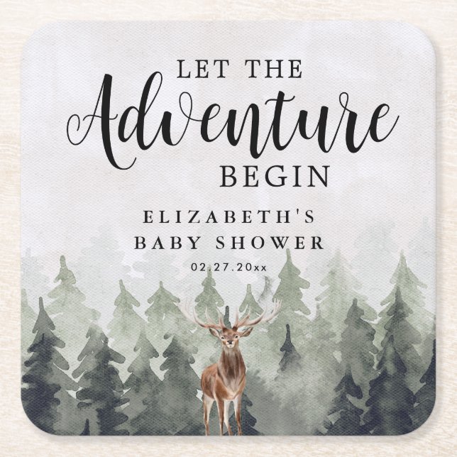 Deer Misty Pine Forest Adventure Baby Shower Rechteckiger Pappuntersetzer (Vorderseite)