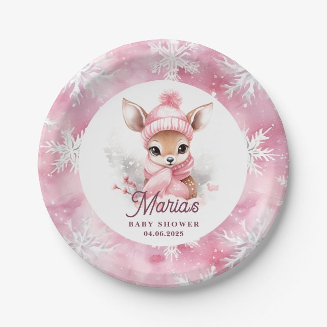 Deer Pink Winter Hat Scarf Individuelle Name Girl  Pappteller (Vorderseite)