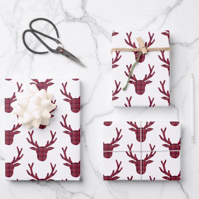 Deer Plaid Dark Red Burgundy Geschenkpapier Set (Vorderseite)