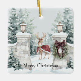 Deer Red Coat Snow Christmas Keramikornament