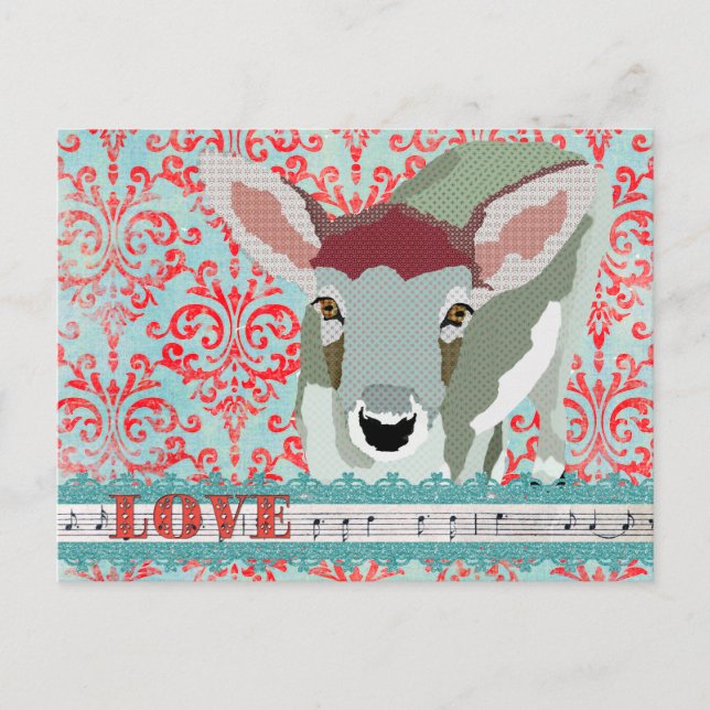 Deer Red & Turqoise Liebe Damask Postkarte (Vorderseite)