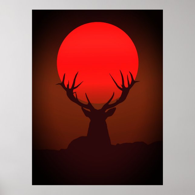 Deer Silhouette with Fiery Red Sunset Poster (Vorne)