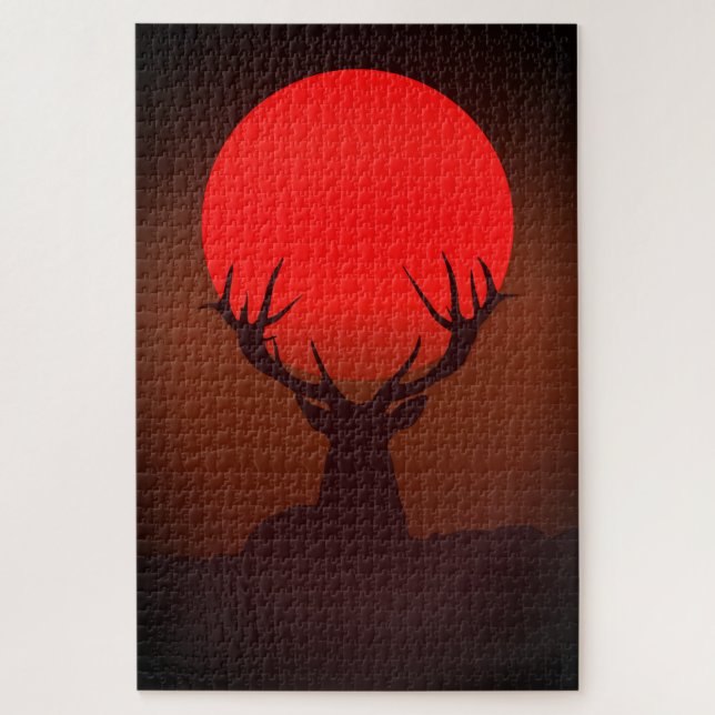 Deer Silhouette with Fiery Red Sunset Puzzle (Vertikal)