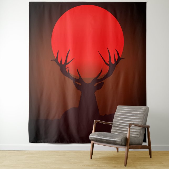 Deer Silhouette with Fiery Red Sunset Wandteppich (Beispiel)