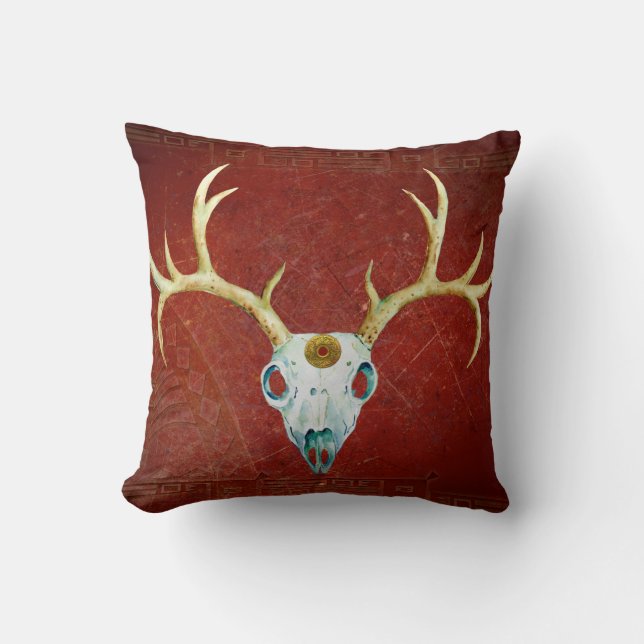 Deer Skull Antlers Ox Blood Gold Native American Kissen (Vorderseite)
