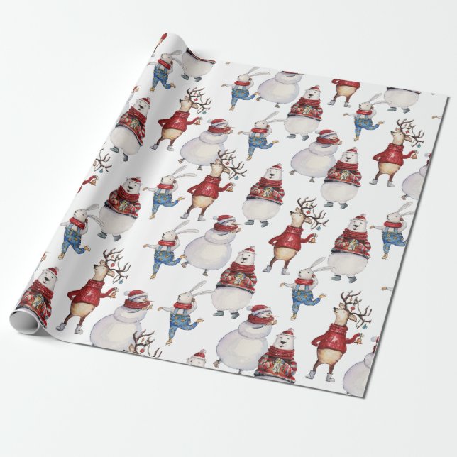 Deer Snowman Rabbit Bär Weihnachtsgeschenk Geschenkpapier (Ungerollt)