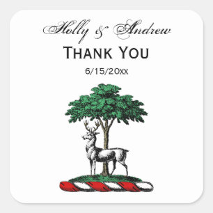 Deer Stag by Tree Heraldic Wappen Emblem Quadratischer Aufkleber