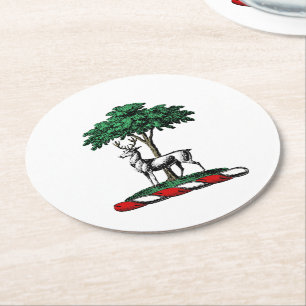 Deer Stag by Tree Heraldic Wappen Emblem Runder Pappuntersetzer