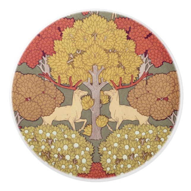 Deer &Tree Squirrel Bird Rowan Berries Art Nouveau Keramikknauf (Vorderseite)