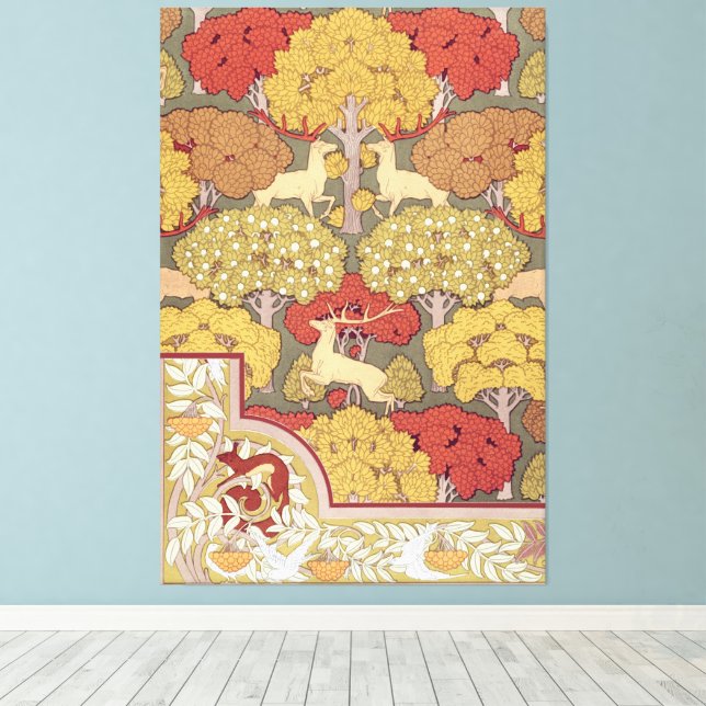 Deer &Tree Squirrel Bird Rowan Berries Art Nouveau Leinwanddruck (Insitu (Holzboden))